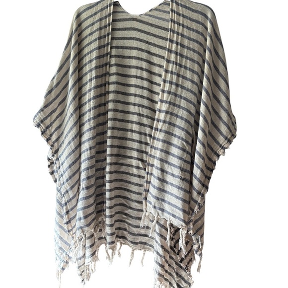 Women’s Striped Cotton Kimono Poncho Fringe Boho Layering One Size Navy Black - Picture 1 of 5